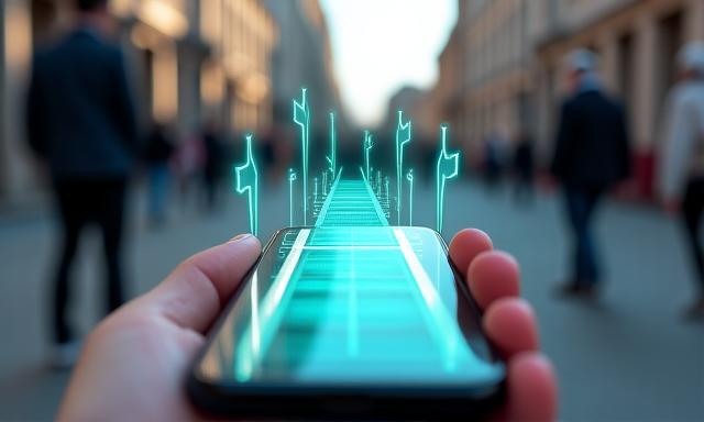 Augmented reality overlay on a phone screen showing 3D navigation arrows guiding a user in an urban environment
