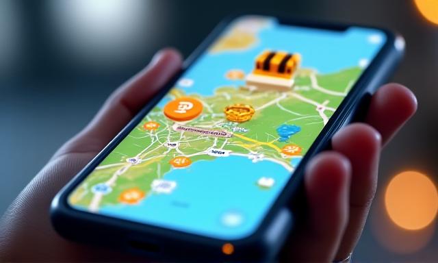 Smartphone displaying a map with a treasure chest icon, indicating a gamified scavenger hunt