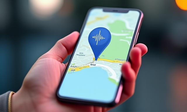 Audio waveform icon on a map pin on a mobile phone, indicating rich media geotags