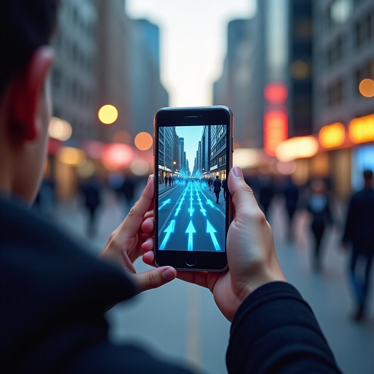User looking at a busy street through a phone screen showing augmented reality navigation and points of interest