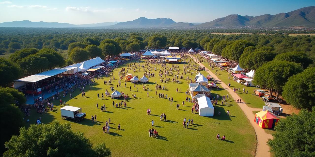 Aerial view of a vibrant, clean festival park in South Africa, devoid of paper litter, demonstrating environmental consciousness