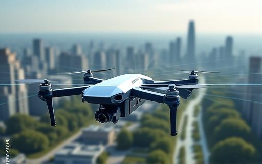 Drone performing LIDAR scanning of an urban landscape to create a digital twin